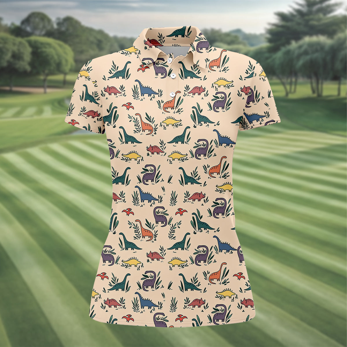 Dinosaur Polo Shirt, Seamless Pattern Womens Golf Shirts, Ladies Golf Shirts, Golfing Apparel