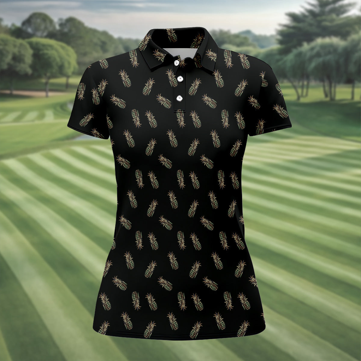 Pineapple Grenade Black Grey Women Golf Top, Cool Golf Gift, Ladies Golf Shirts, Golfing Apparel