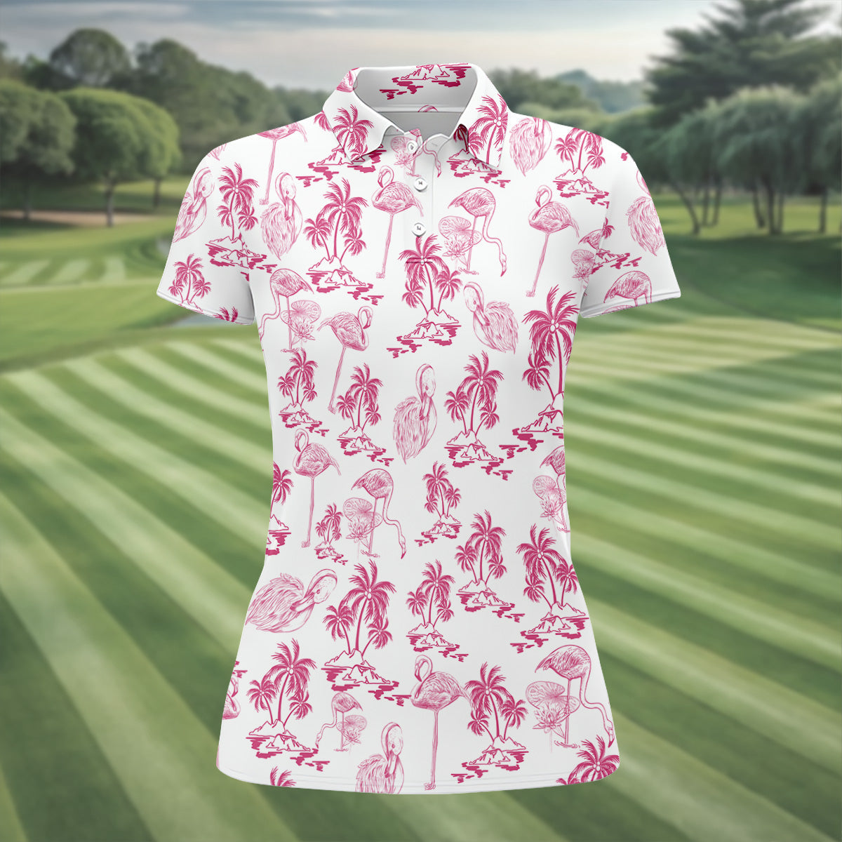 White And Pink Flamingo Tropical Women's Golf Shirts, Ladies Sleeveless Polo, Ladies Golf Shirts