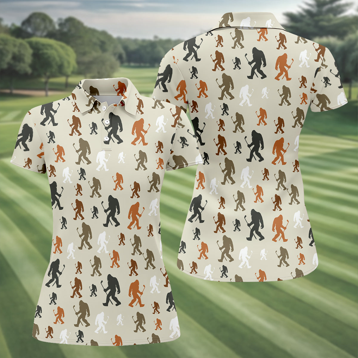 Bigfoot Silhouette Pattern Fun Women's Golf Shirts, Unique Gift For Golfer, Ladies Golf Polos