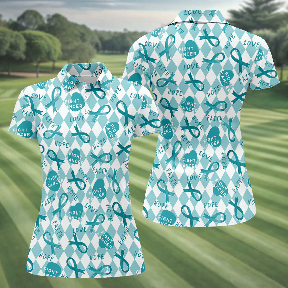 Ovarian Cancer Survivor Teal Ribbon Womens Golf Shirts, Ladies Golf Polos, Golfing Apparel