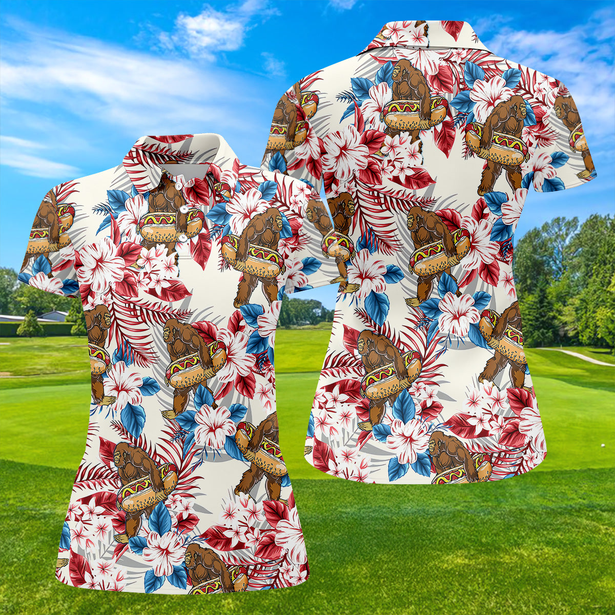 Bigfoot Hawaiian Shirts, Funny Hotdog Women Golf Top, Ladies Golf Shirts, Golfing Apparel