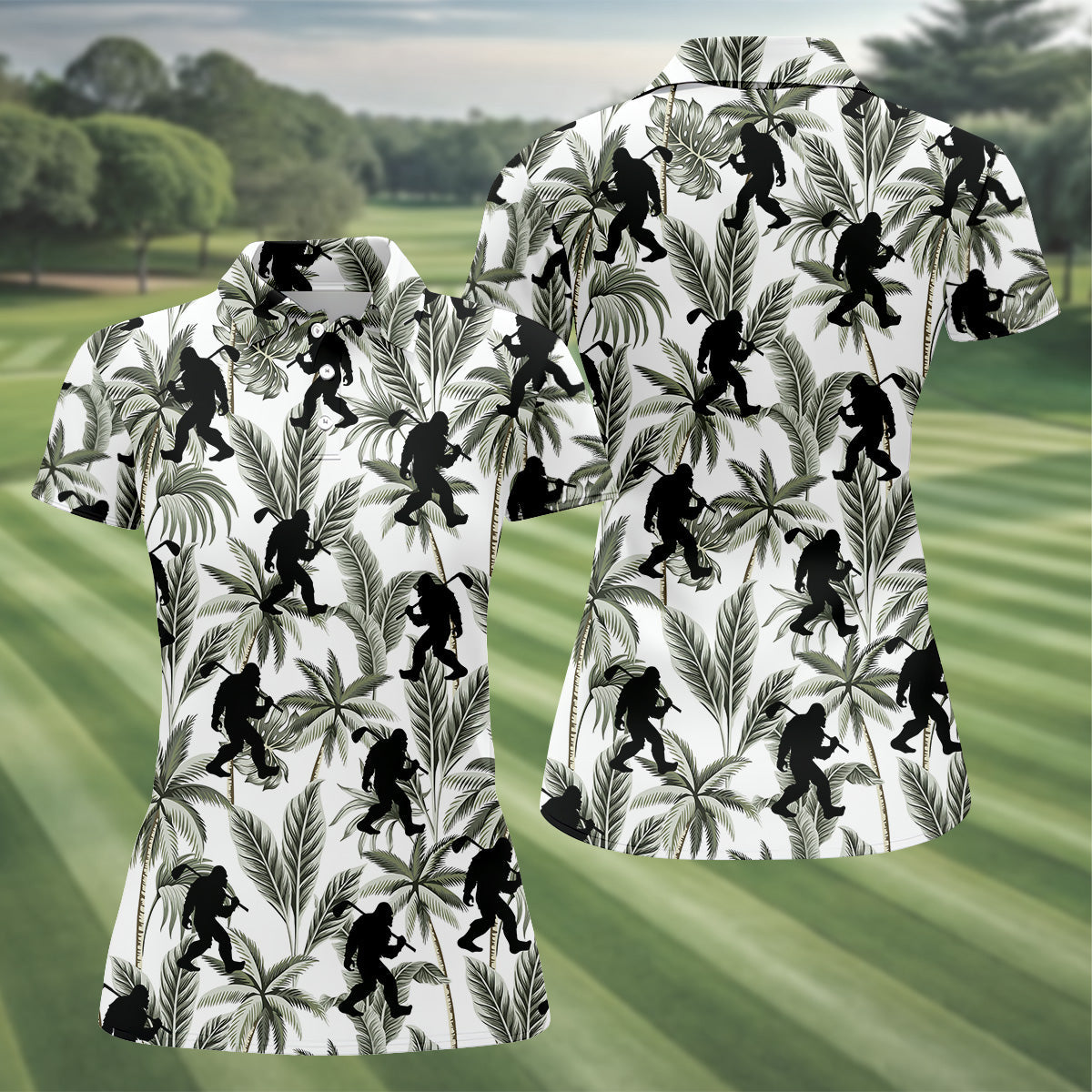 Funny Bigfoot Tropical Palm Leaves Golf Shirt For Women, Ladies Sleeveless Polo, Ladies Golf Shirts