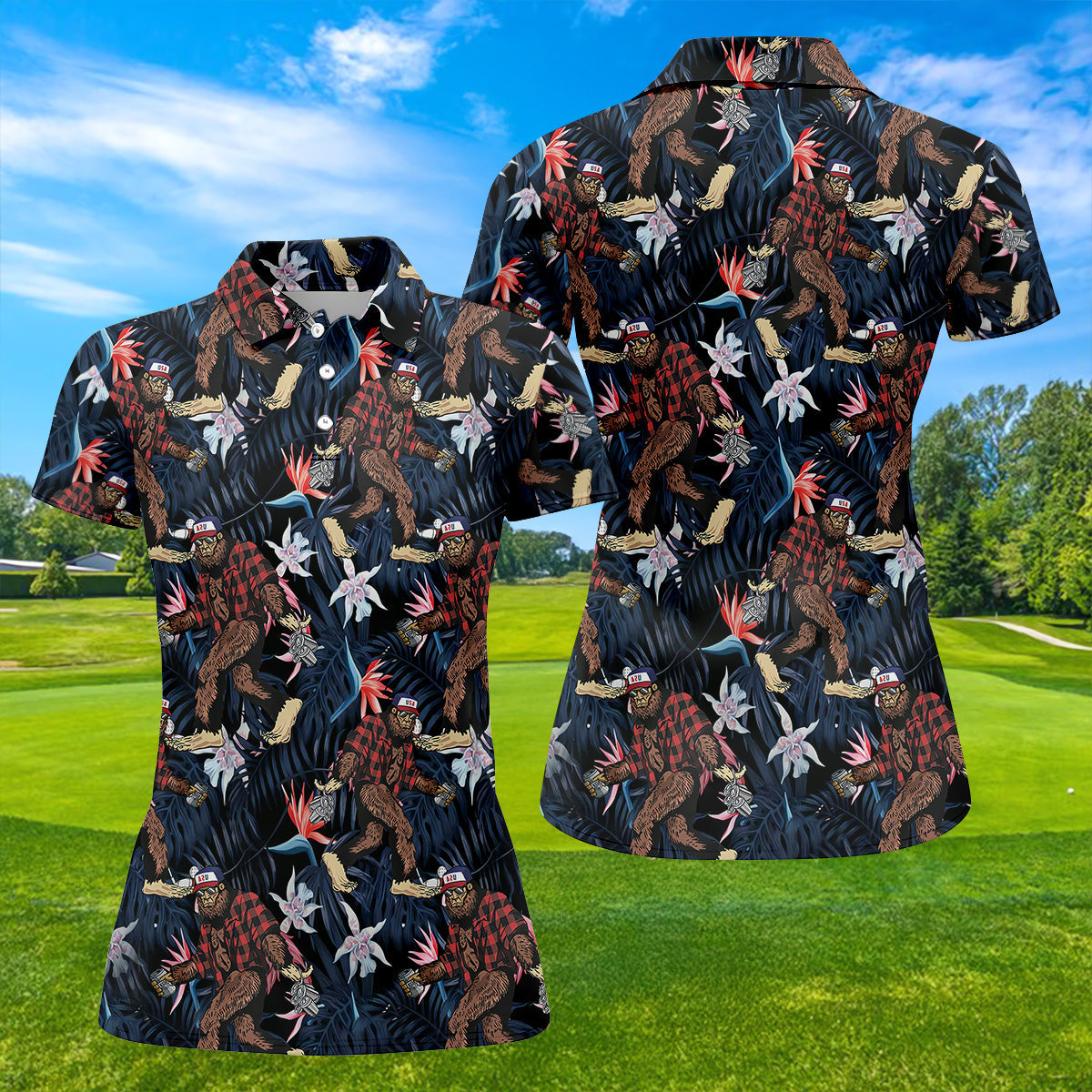 Abstract Floral Pattern Funny Bigfoot Shirt, Womens Sleeveless Polo, Ladies Golf Shirts
