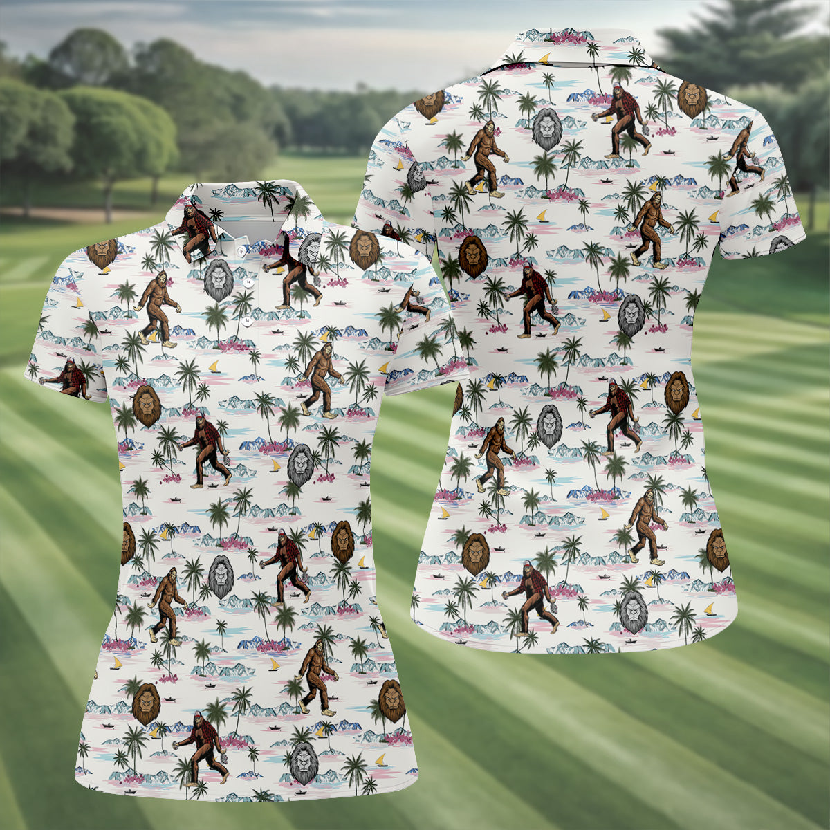 Funny Sasquatch Tropical Golf Shirts, Ladies Golf Shirts, Golfing Apparel, Women's Polo Shirt