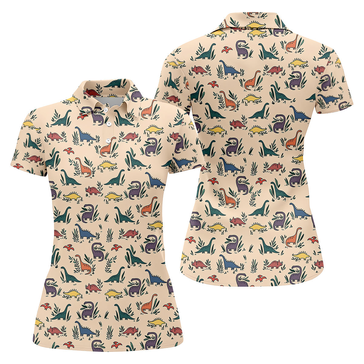 Dinosaur Polo Shirt, Seamless Pattern Womens Golf Shirts, Ladies Golf Shirts, Golfing Apparel