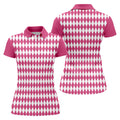 White And Pink Argyle Pattern Women's Golf Shirts, Ladies Sleeveless Polo, Ladies Golf Shirts