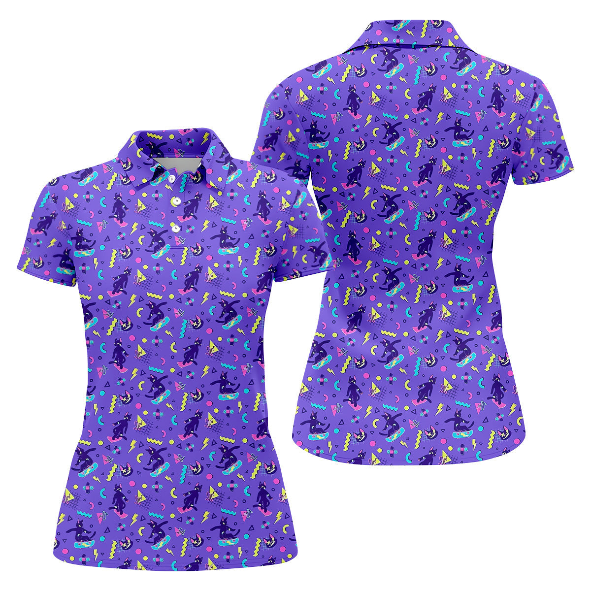SK8R CAT Patterned Golf Polos, Fun Womens Golf Shirts, Ladies Sleeveless Golf Shirts, Ladies Golf Shirts