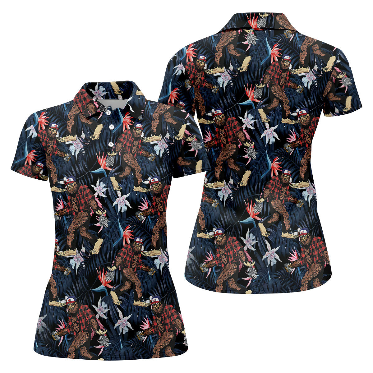 Abstract Floral Pattern Funny Bigfoot Shirt, Womens Sleeveless Polo, Ladies Golf Shirts
