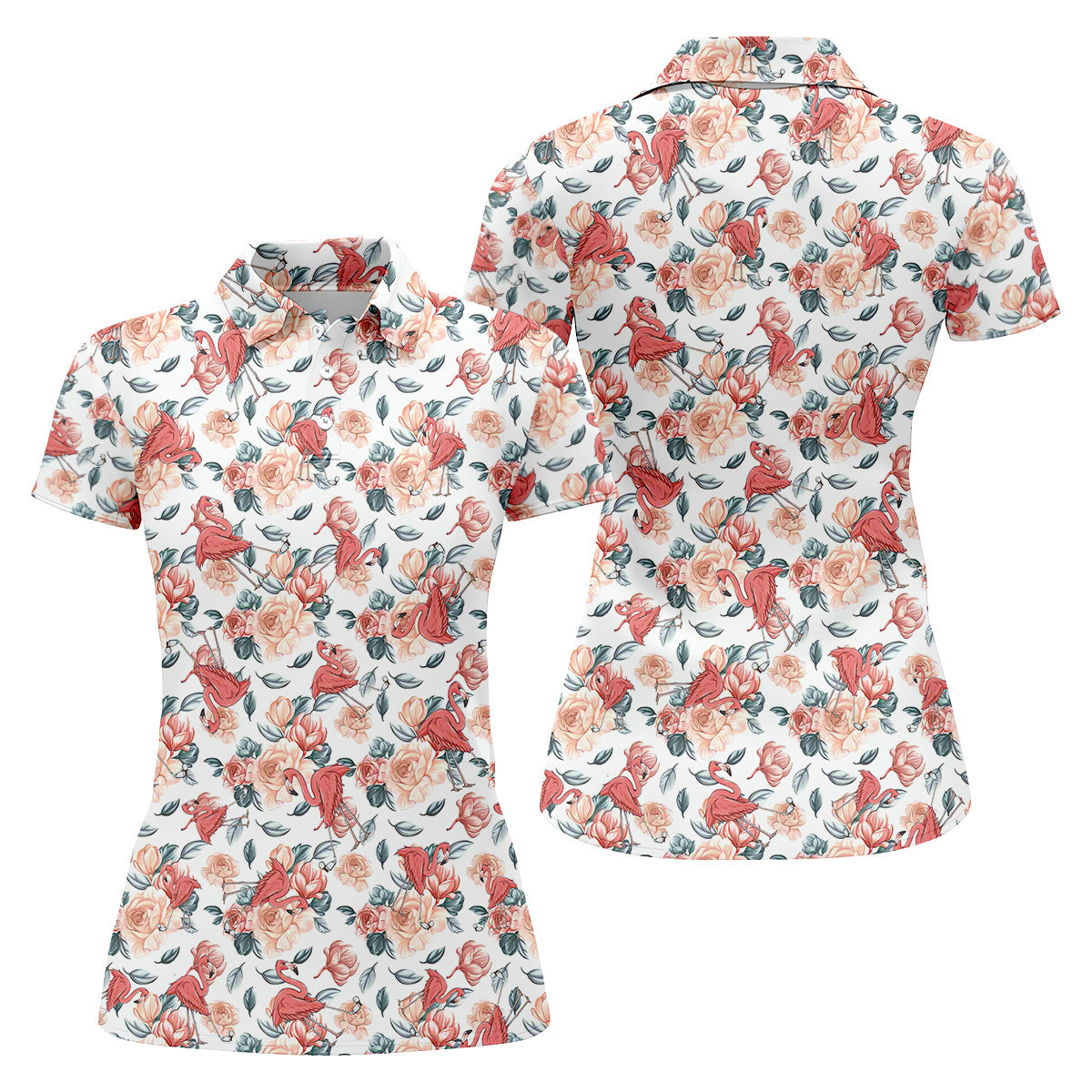 Floral Golf Shirt With Funny Flamingo, Womens Sleeveless Polo, Cute Golf Outfit, Pink Ladies Shirt