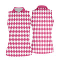 White And Pink Argyle Pattern Women's Golf Shirts, Ladies Sleeveless Polo, Ladies Golf Shirts