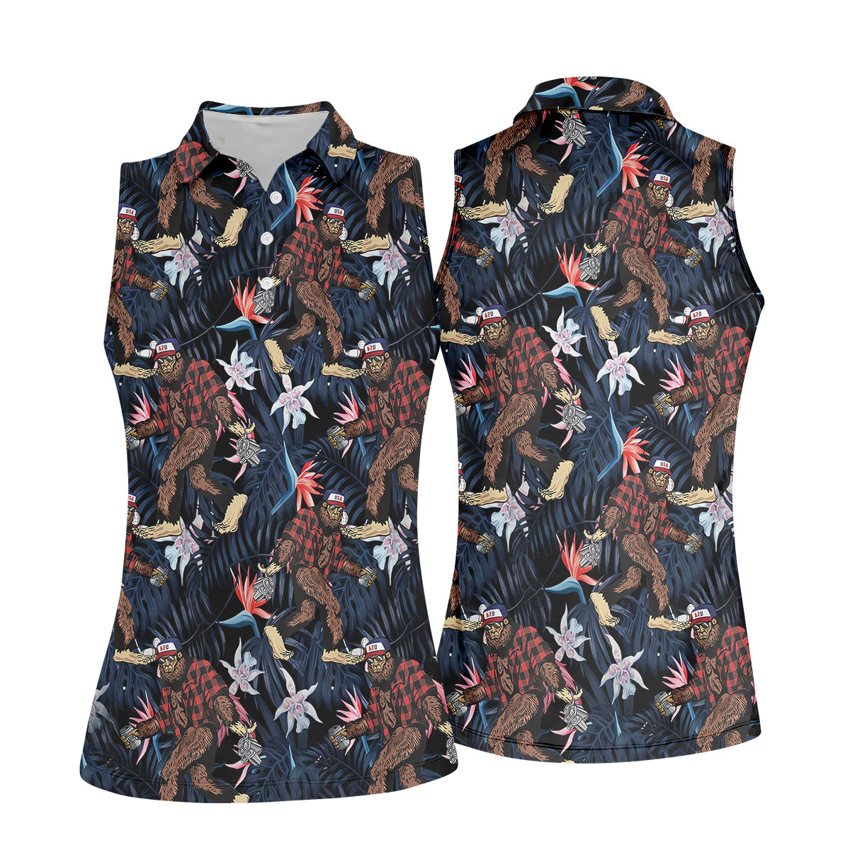 Abstract Floral Pattern Funny Bigfoot Shirt, Womens Sleeveless Polo, Ladies Golf Shirts