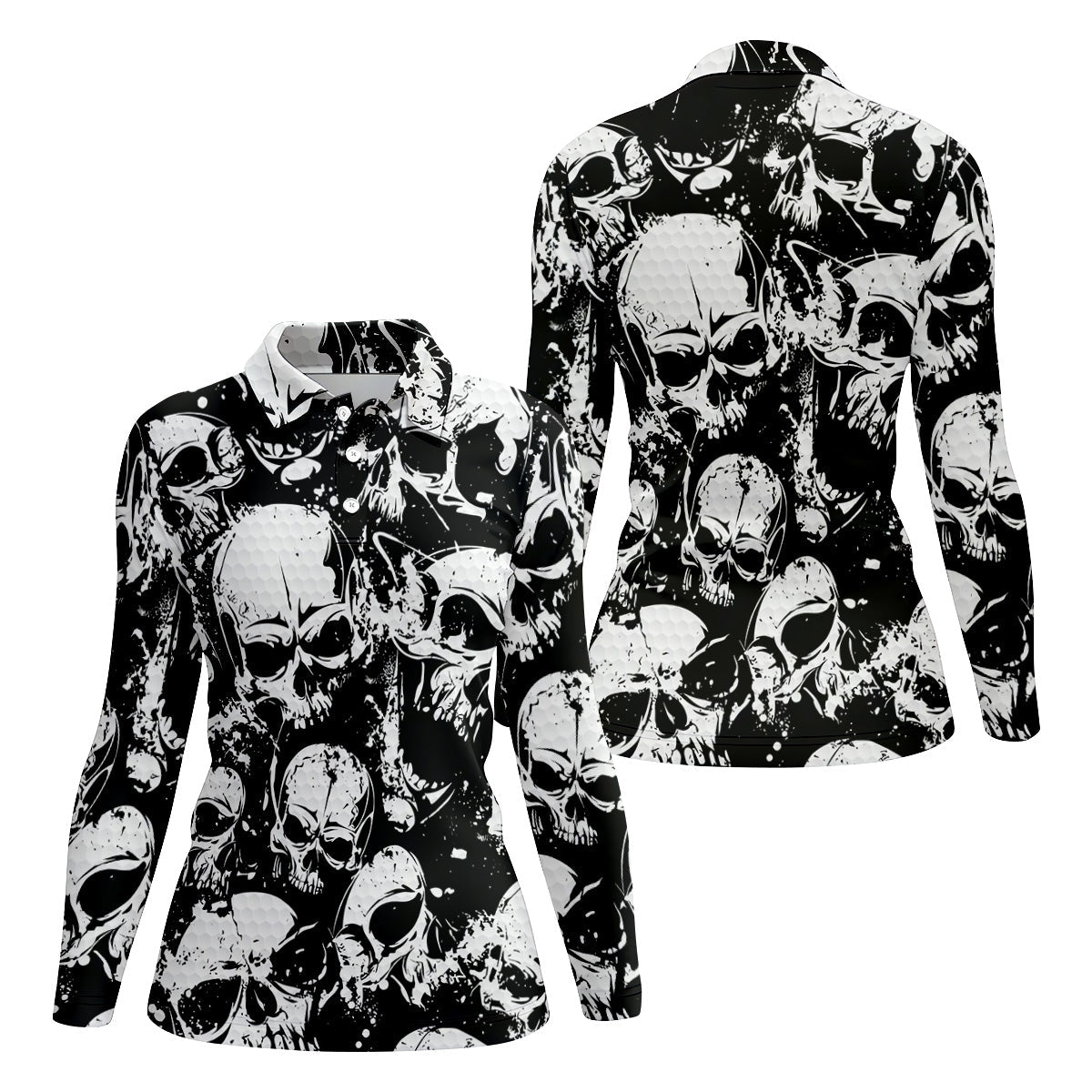 Skulls Splatter Black Grunge Womens Golf Shirts, Ladies Golf Polos, Cool Golf Gift, Golfing Apparel