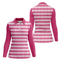 White And Pink Argyle Pattern Women's Golf Shirts, Ladies Sleeveless Polo, Ladies Golf Shirts