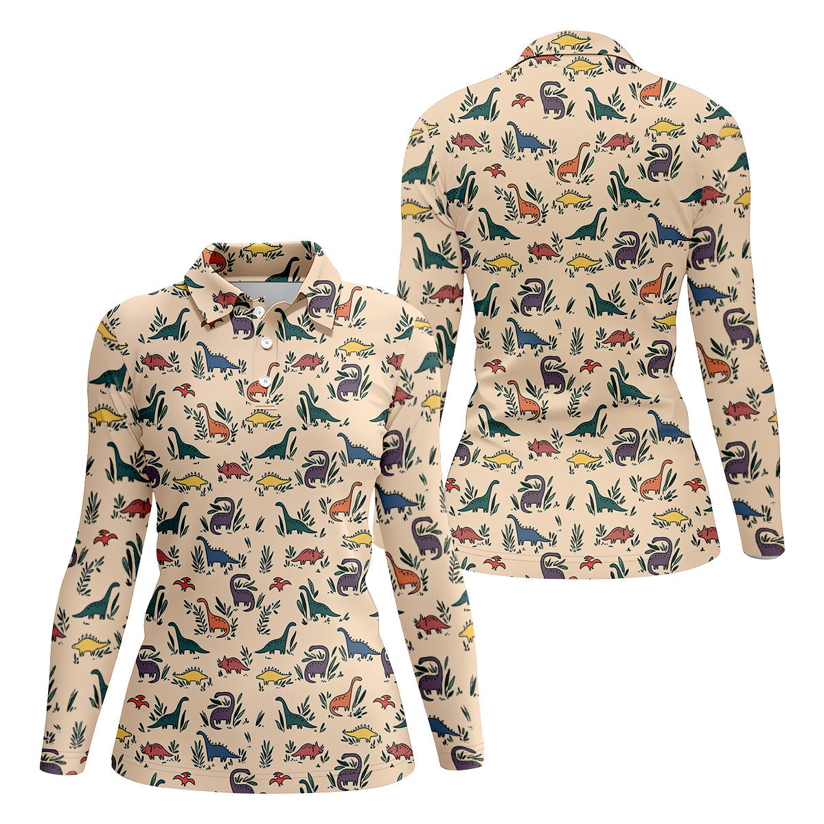 Dinosaur Polo Shirt, Seamless Pattern Womens Golf Shirts, Ladies Golf Shirts, Golfing Apparel