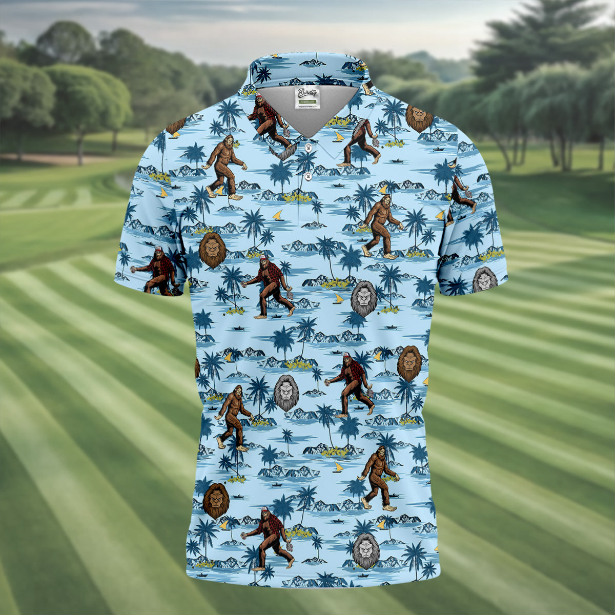 Blue Funny Sasquatch Tropical Golf Shirts, Men's Funny Golf Shirts, Golfing Apparel, Polo For Men