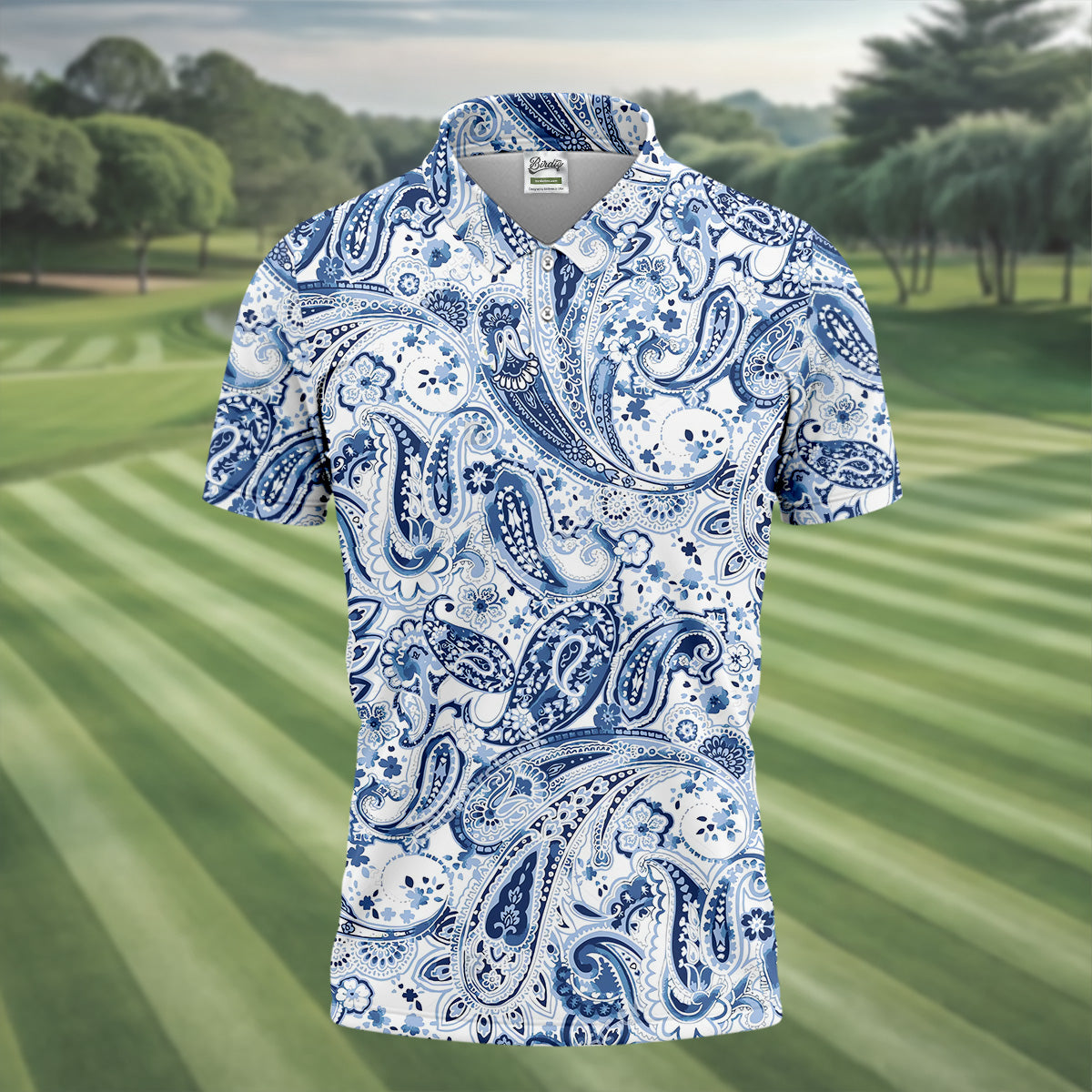 Blue Paisley Seamless Pattern Golf Tops For Men, Hawaiian Golf Shirts, Long Sleeve Polo