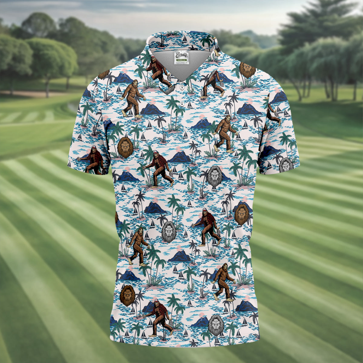 Funny Bigfoot Tropical Golf Shirts, Men's Funny Golf Shirts, Golfing Apparel, Polo For Men