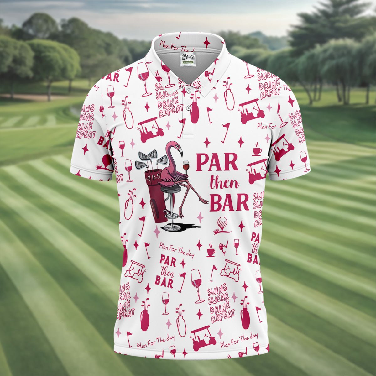 Swing Swear Drink Repeat Par Then Bar Flamingo Golf Shirt, Fun Men's Golf Polos, Polo Shirts For Men