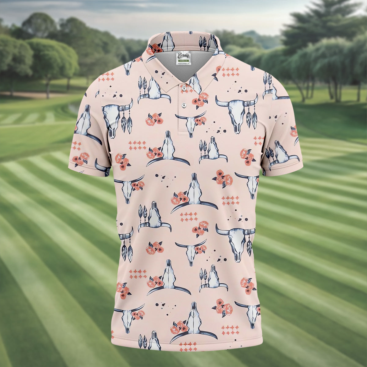 Boho Buffalo Skull Seamless Pattern Golf Tops For Men, Hawaiian Golf Shirts, Polo For Men