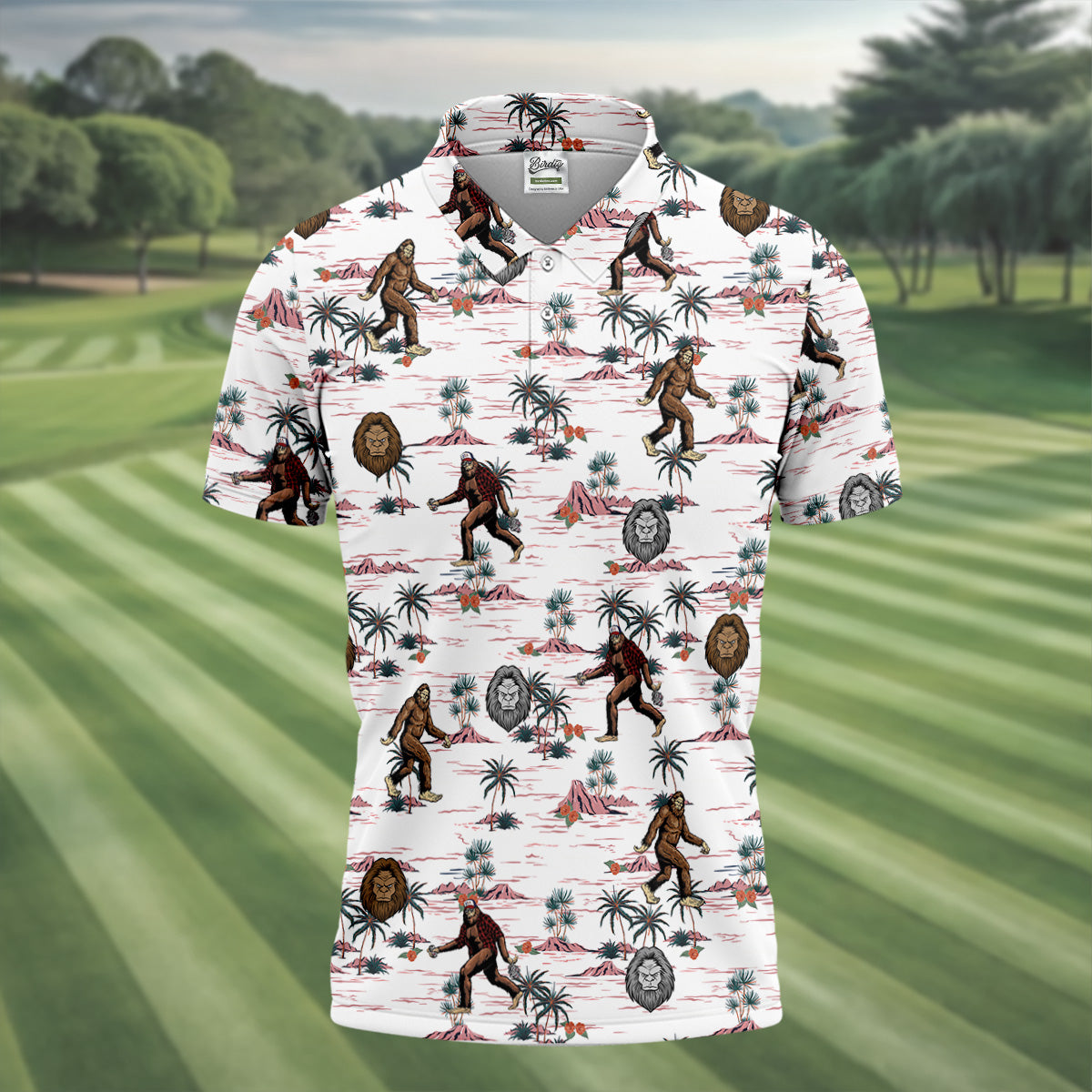White Funny Sasquatch Tropical Golf Shirts, Fun Men's Golf Polos, Hawaiian Golf Shirts, Golfing Apparel