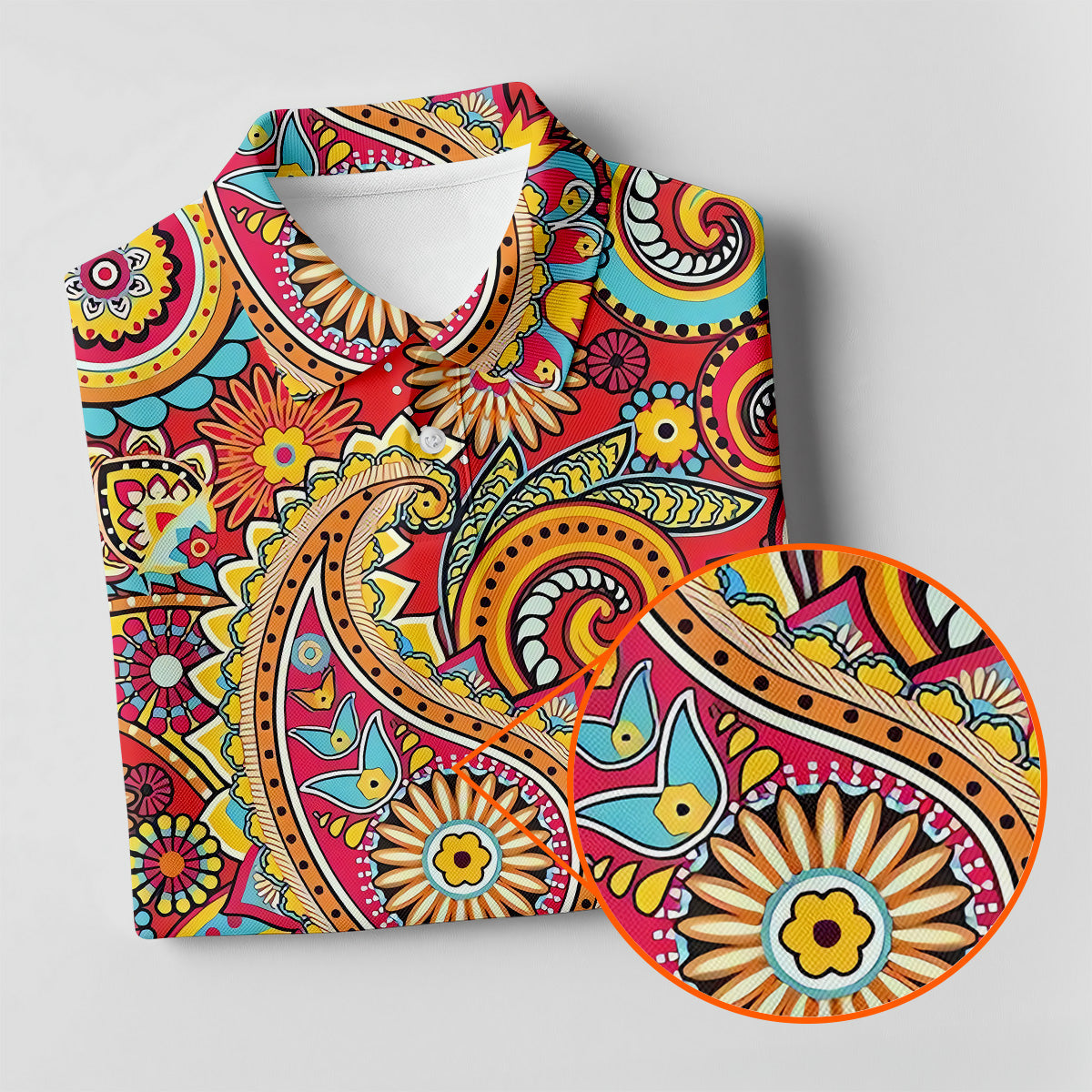 Red Paisley Seamless Pattern Golf Tops For Men, Hawaiian Golf Shirts, Long Sleeve Polo