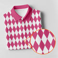 White And Pink Argyle Pattern Women's Golf Shirts, Ladies Sleeveless Polo, Ladies Golf Shirts