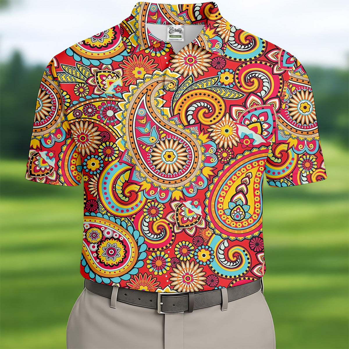 Red Paisley Seamless Pattern Golf Tops For Men, Hawaiian Golf Shirts, Long Sleeve Polo