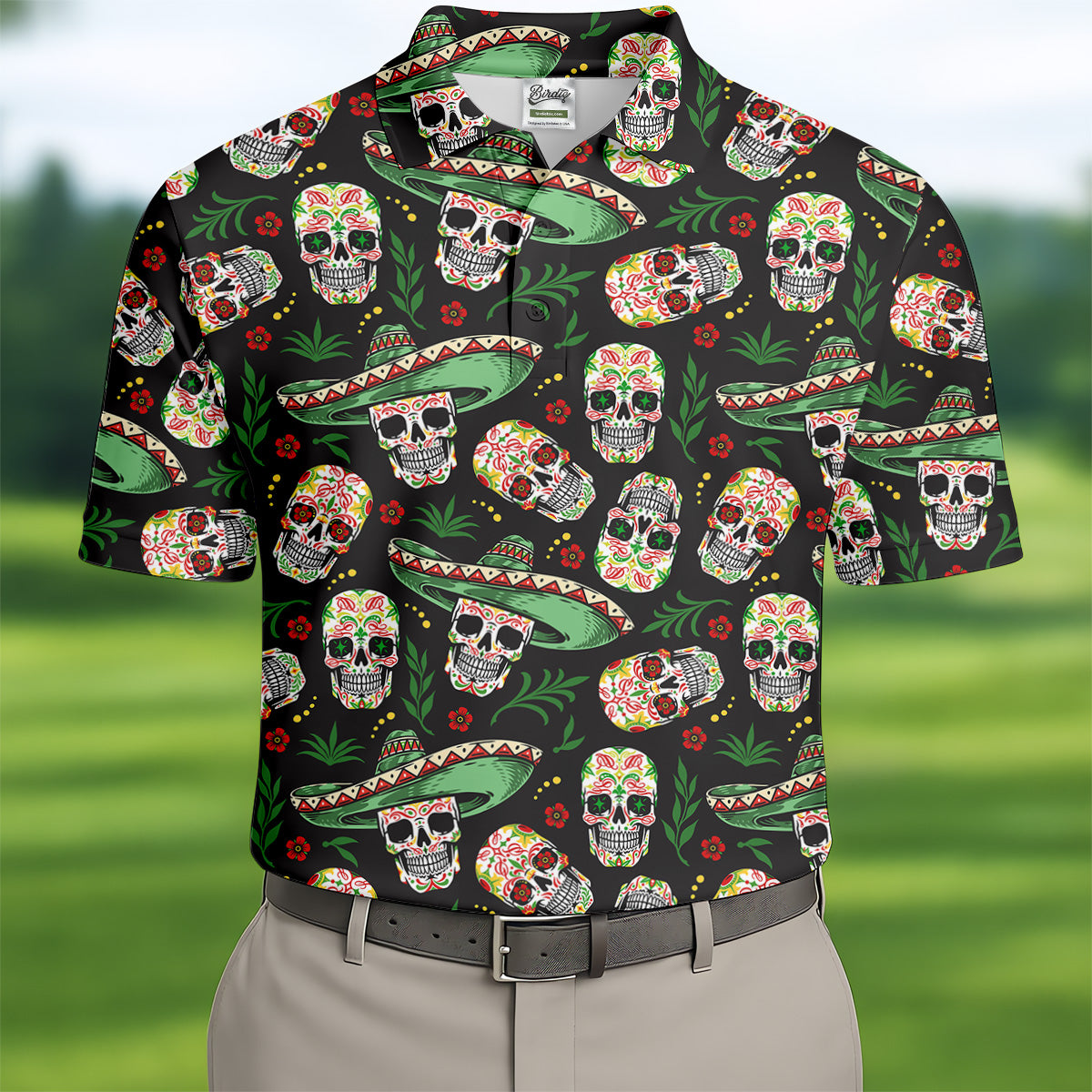 Skull Golf Shirt, Day Of The Dead Shirt, Mexican Floral Shirt, Men Polo, Unique Gift For Golfer