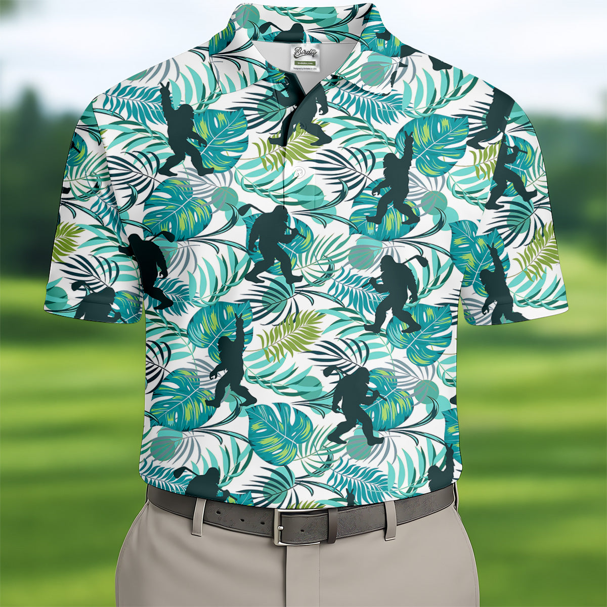 Tropical Green Bigfoot Golf Shirt, Golf Tops For Men, Custom Golf Polos, Golf Gift For Men