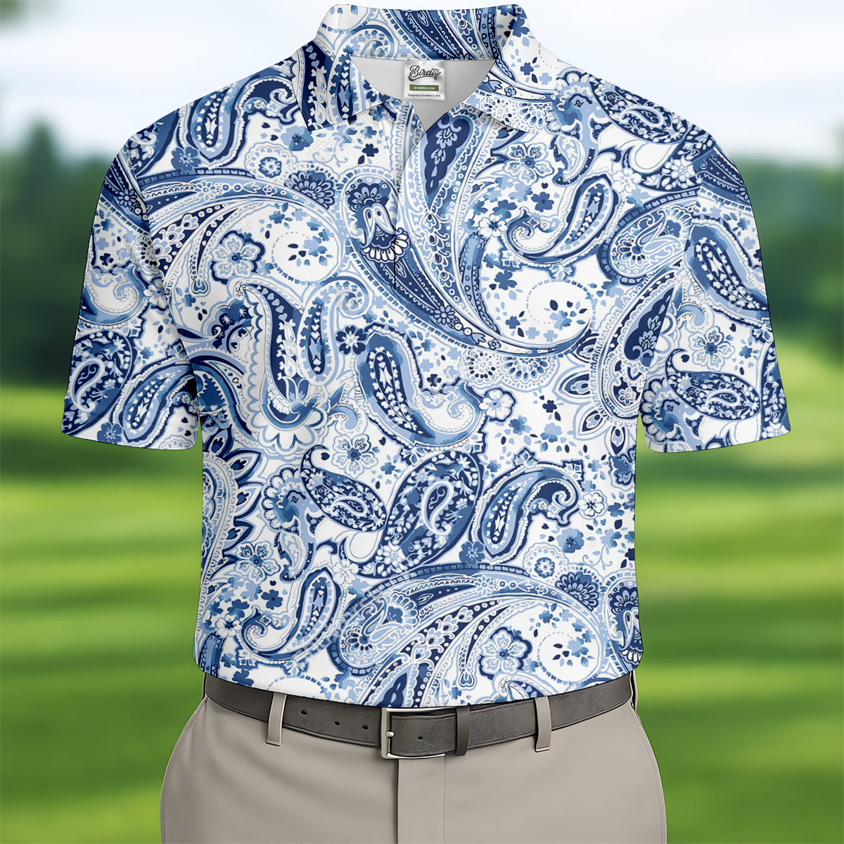 Blue Paisley Seamless Pattern Golf Tops For Men, Hawaiian Golf Shirts, Long Sleeve Polo