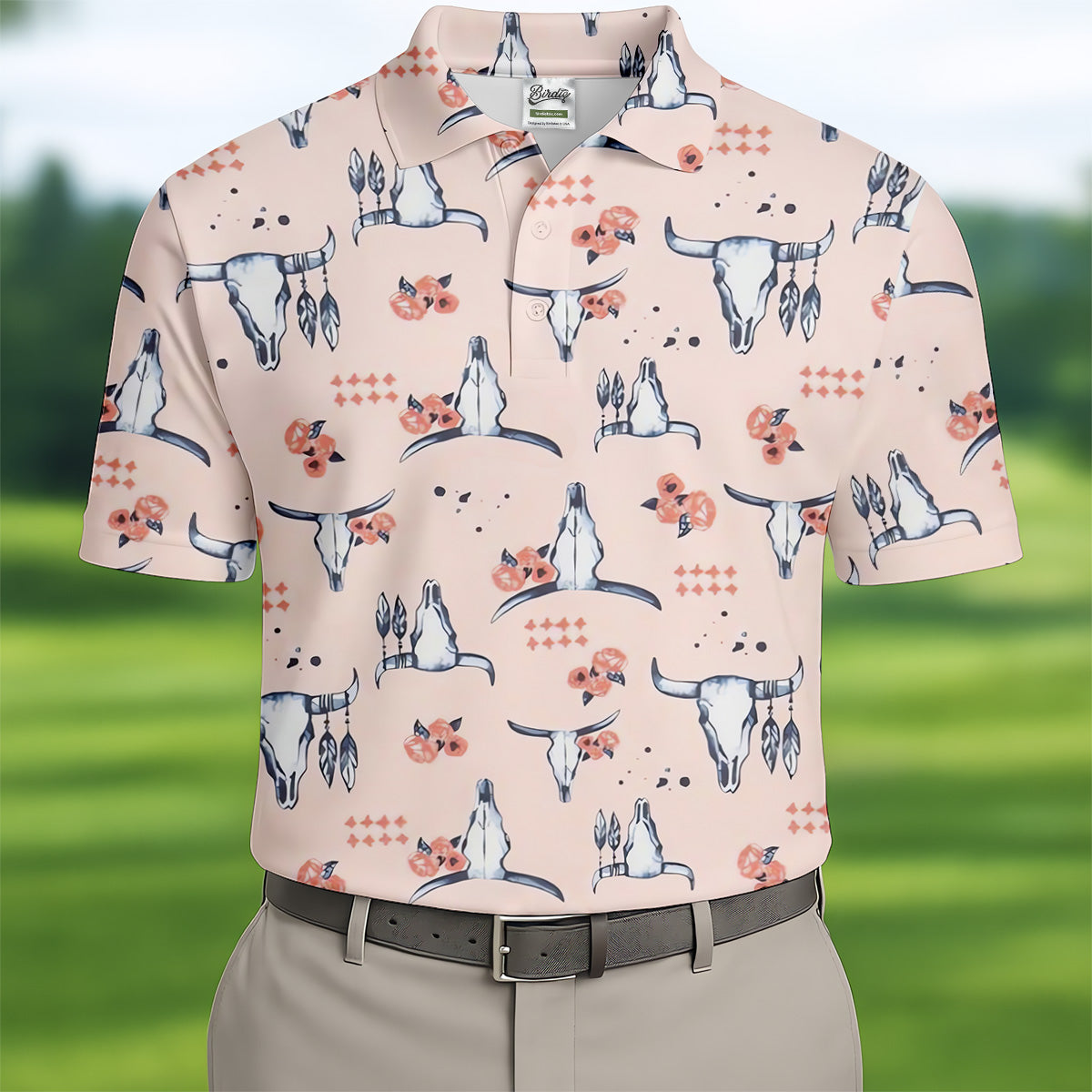 Boho Buffalo Skull Seamless Pattern Golf Tops For Men, Hawaiian Golf Shirts, Polo For Men