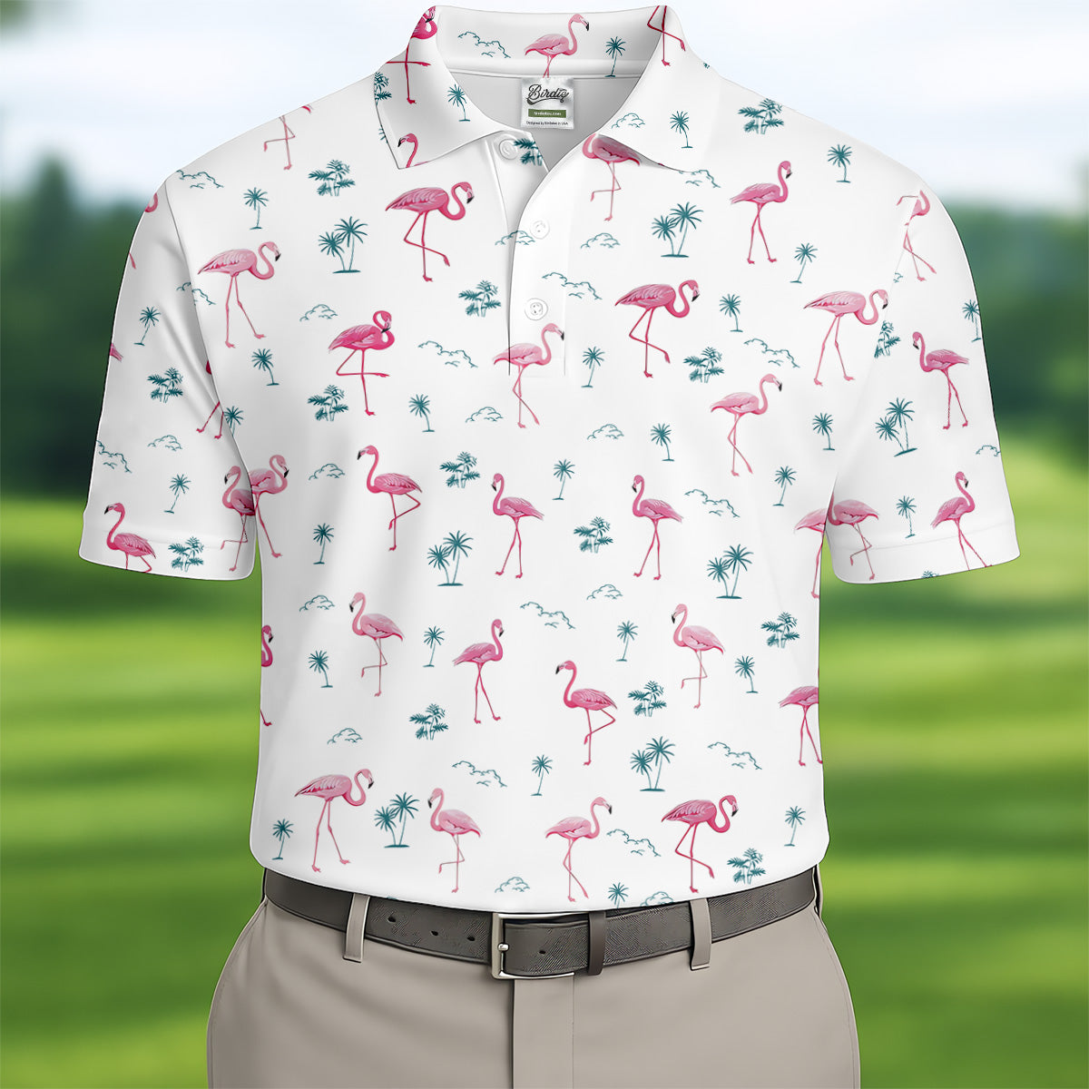 Flamingo Tropical White Polo Shirt Mens, Summer Polo Shirts, Unique Gift For Golfer