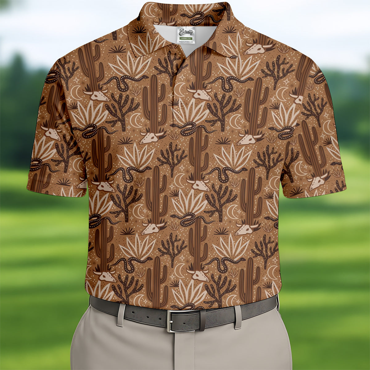 Snake Cactus Seamless Pattern Golf Tops For Men, Hawaiian Golf Shirts, Long Sleeve Polo