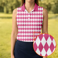 White And Pink Argyle Pattern Women's Golf Shirts, Ladies Sleeveless Polo, Ladies Golf Shirts