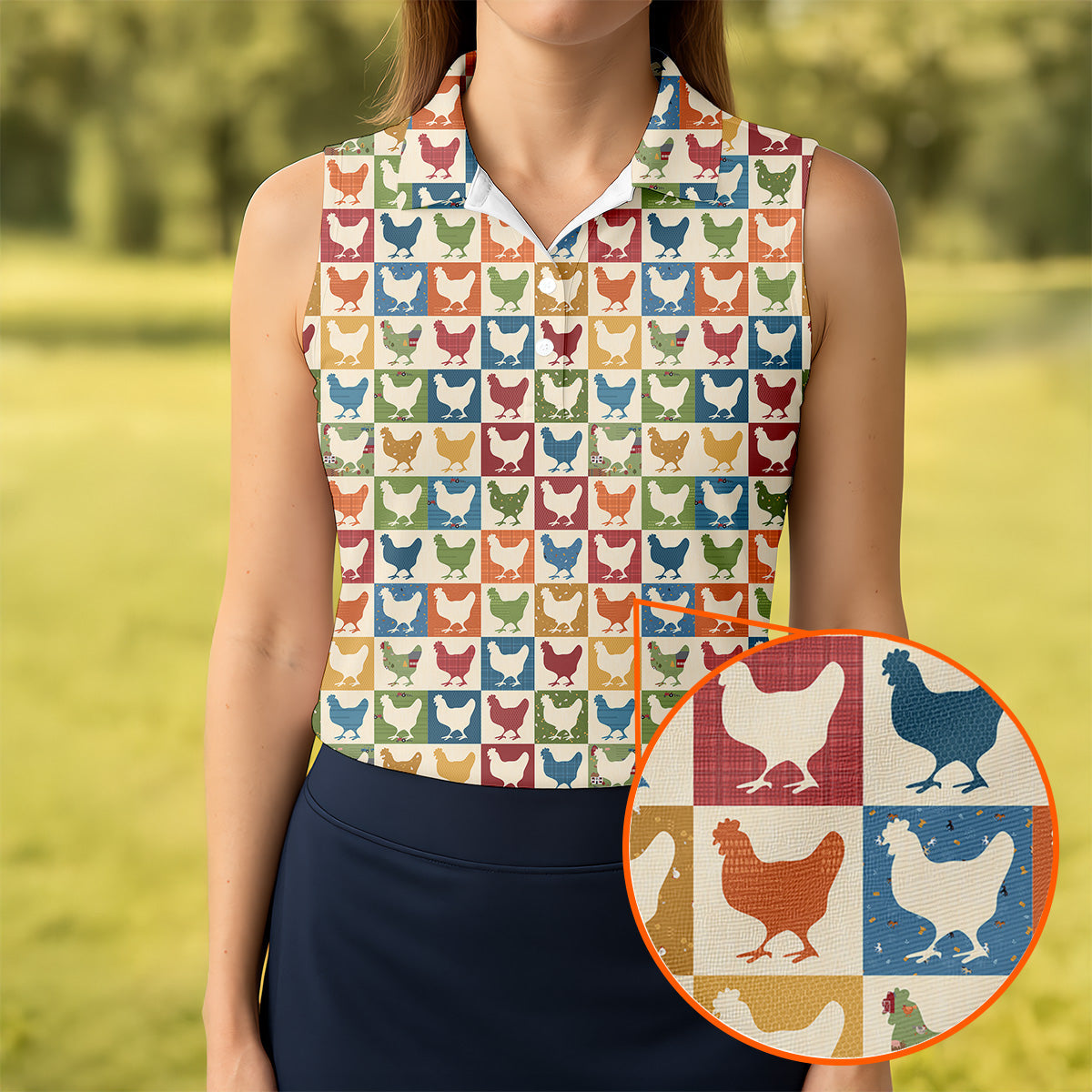 Chicken Rooster Colorful Checkered Women Golf Top, Gift For Chicken Lover, Ladies Golf Shirts