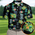 Tropical Floral Pattern Disc Golf Shirt, Black Golf Shirt, Polo Shirts For Men, Golf Gift For Men