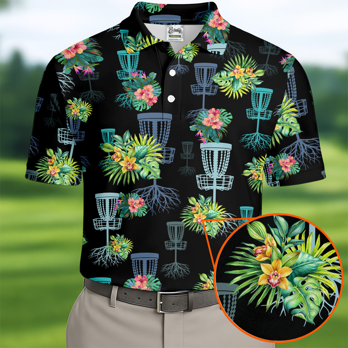 Tropical Floral Pattern Disc Golf Shirt, Black Golf Shirt, Polo Shirts For Men, Golf Gift For Men