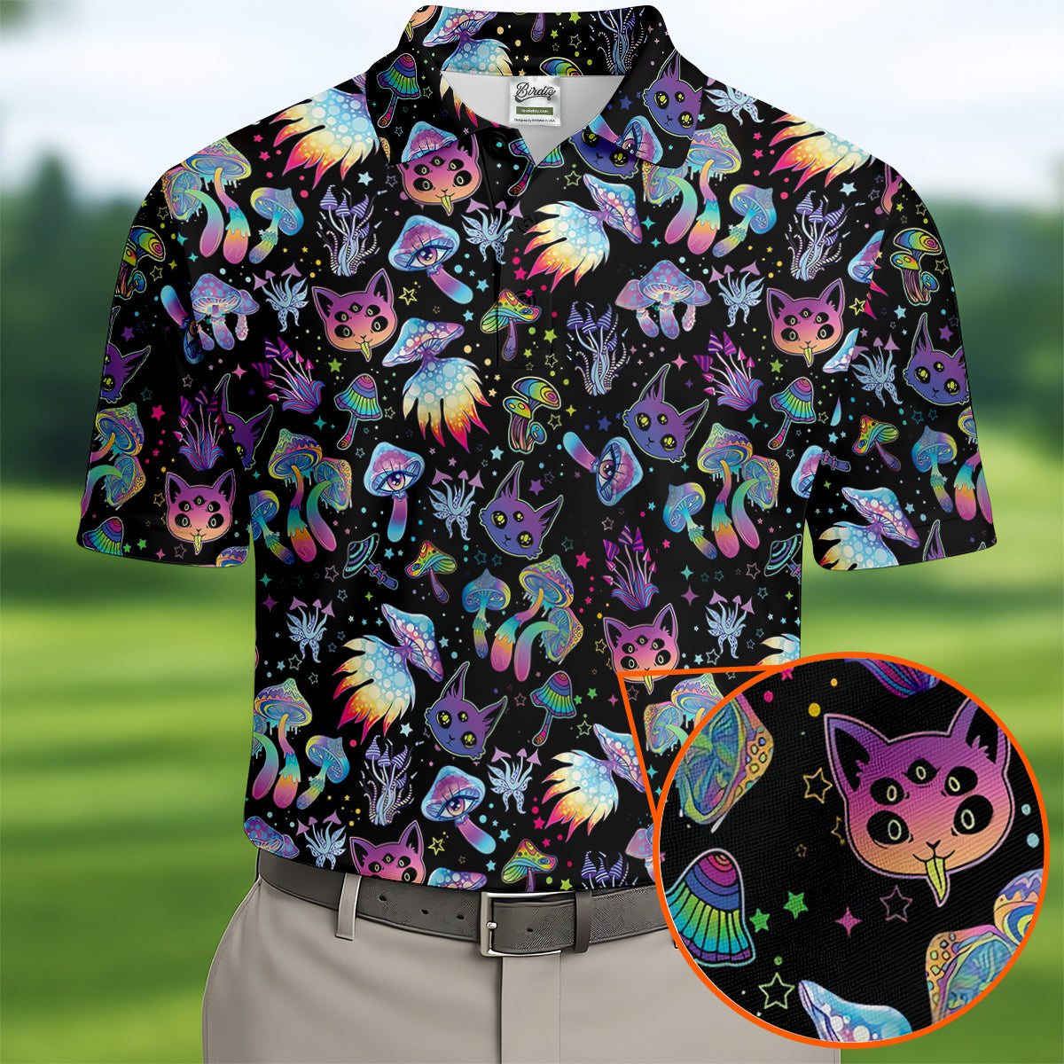 Funny Neon Cat Alien Mushroom Golf Tops For Men, Cute Golf Outfit, Polo Shirts For Men, Golfing Apparel