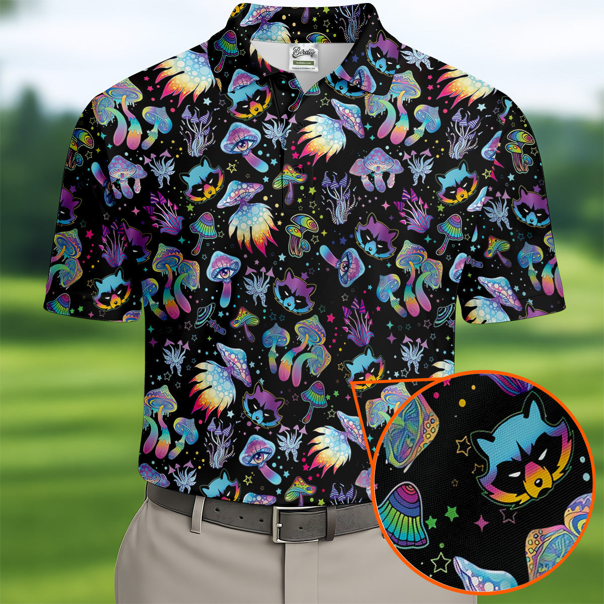 Funny Neon Cat Alien Mushroom Golf Tops For Men, Polo Shirts For Men, Golfing Apparel