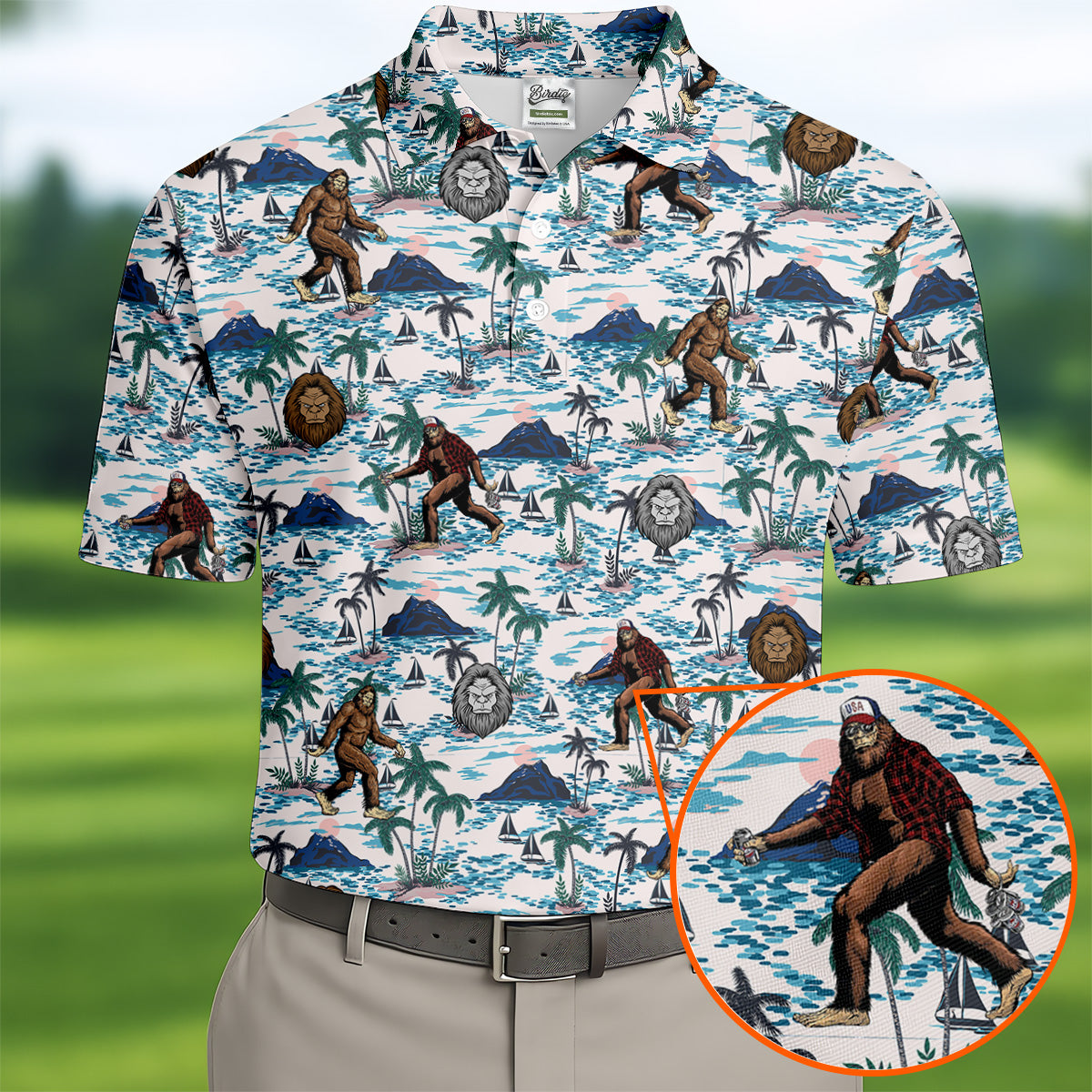 Funny Bigfoot Tropical Golf Shirts, Men's Funny Golf Shirts, Golfing Apparel, Polo For Men