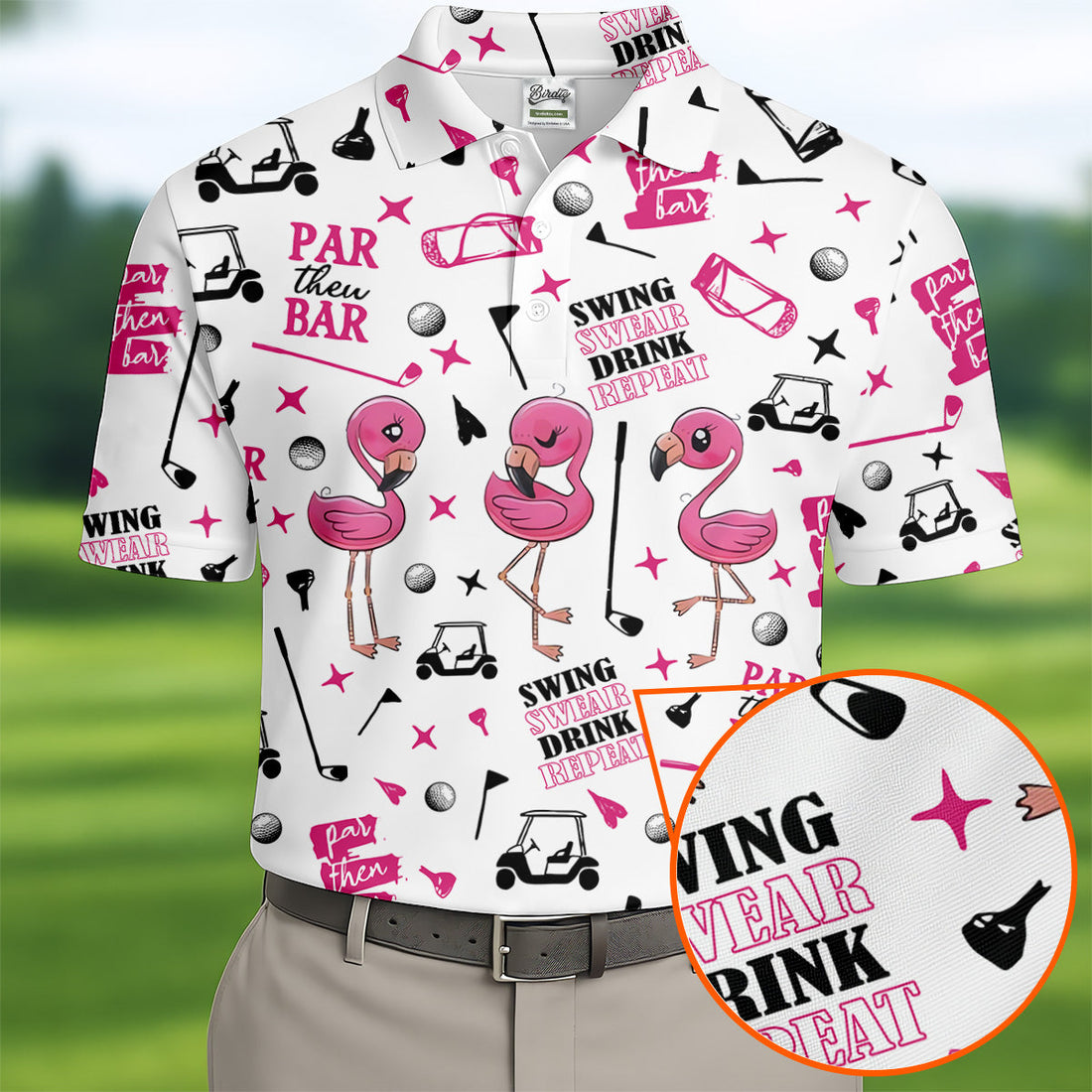 Swing Swear Drink Repeat Par Then Bar Flamingo Golf Shirt, Pink And White Fun Golf Shirts For Men