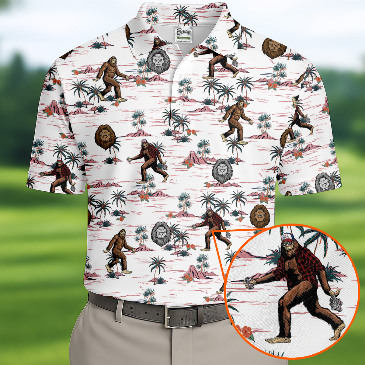 White Funny Sasquatch Tropical Golf Shirts, Fun Men's Golf Polos, Hawaiian Golf Shirts, Golfing Apparel