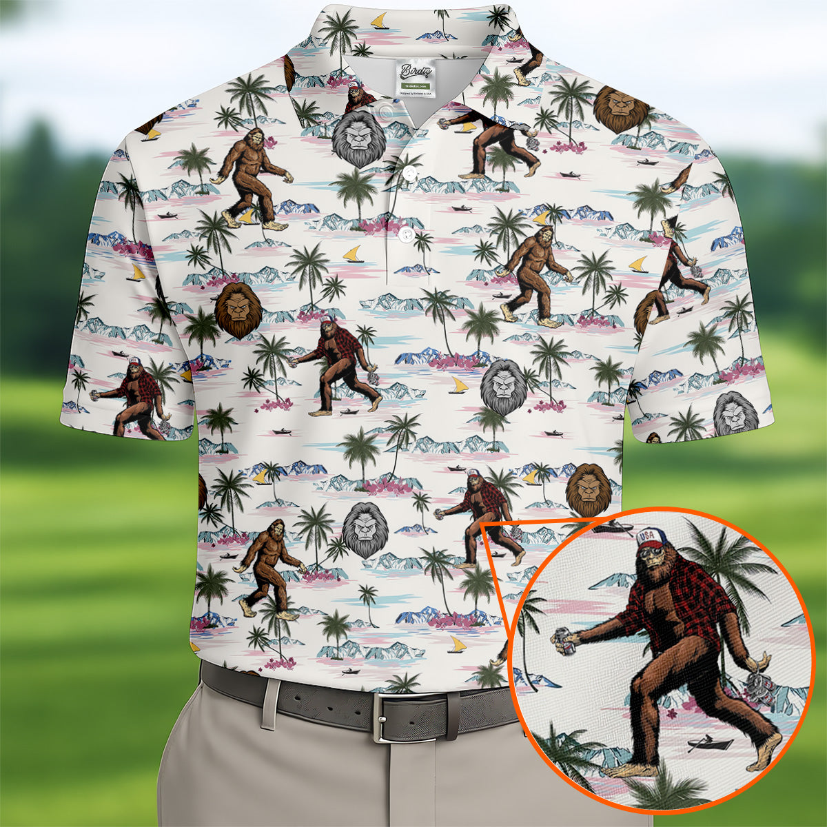 Funny Sasquatch Tropical Golf Shirts, Men's Funny Golf Shirts, Golfing Apparel, Polo For Men