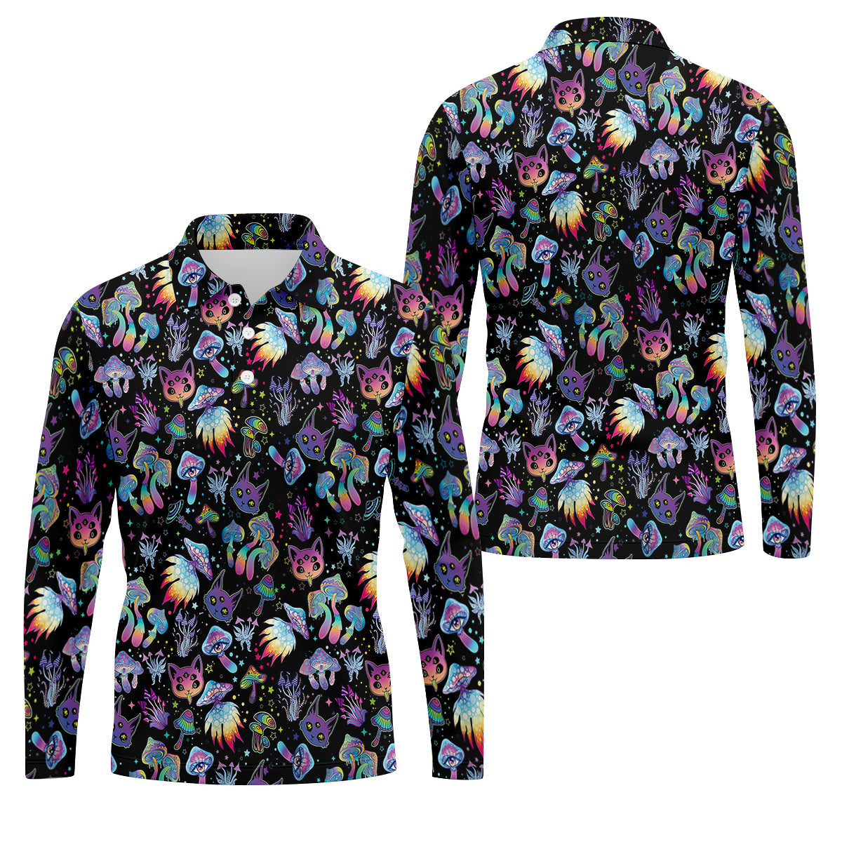 Funny Neon Cat Alien Mushroom Golf Tops For Men, Cute Golf Outfit, Polo Shirts For Men, Golfing Apparel