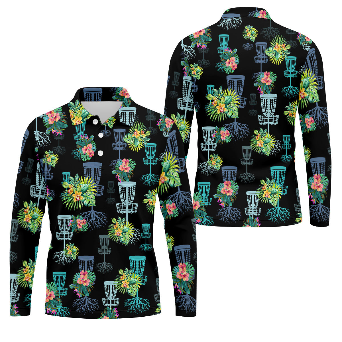 Tropical Floral Pattern Disc Golf Shirt, Black Golf Shirt, Polo Shirts For Men, Golf Gift For Men