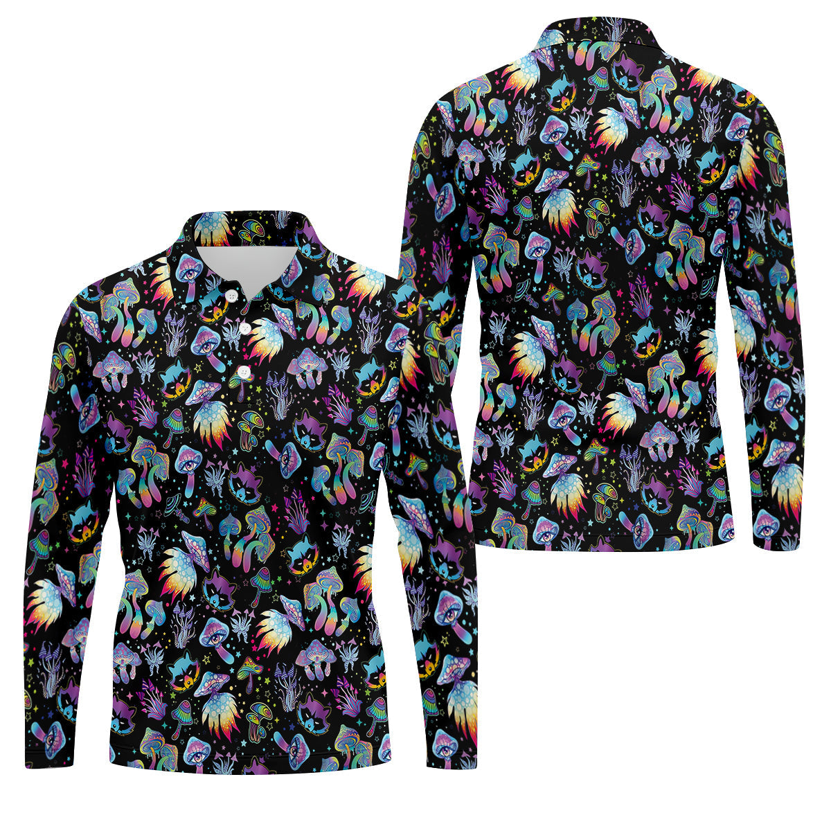 Funny Neon Cat Alien Mushroom Golf Tops For Men, Polo Shirts For Men, Golfing Apparel