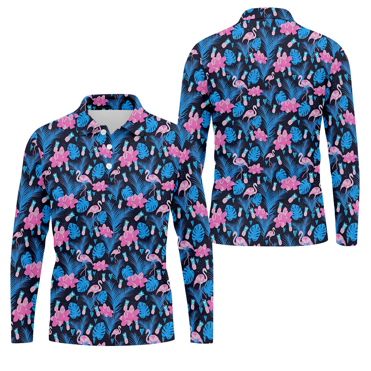 Flamingo Pink Pink And Blue Tropical Golf Shirts, Polo Shirts For Men, Golf Gift For Men, Golfing Apparel