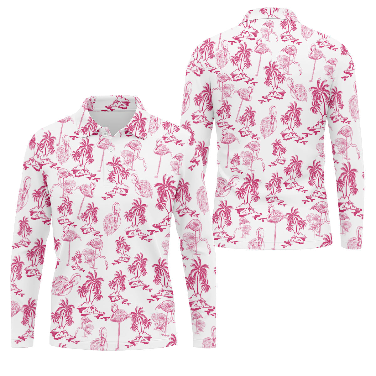White And Pink Flamingo Tropical Men Polo, Polo Shirts For Men, Golf Gift For Men, Golfing Apparel