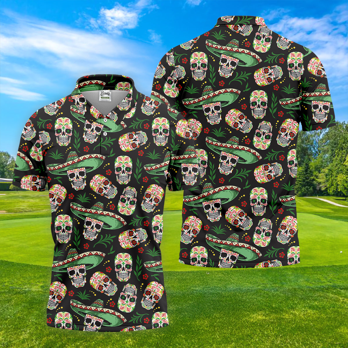 Skull Golf Shirt, Day Of The Dead Shirt, Mexican Floral Shirt, Men Polo, Unique Gift For Golfer